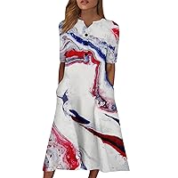 Women's Summer Dresses 2024 Casual Printed V-Neck Short Sleeve Swing Dress, S-2XL