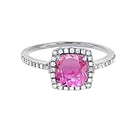 Sterling Silver Rhodium 7mm Cushion Created Pink Sapphire & Created White Sapphire Halo Ring