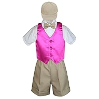5pc Formal Baby Toddler Boys Fuchsia Vest Khaki Shorts Suits Cap S-4T (L:(12-18 Months))
