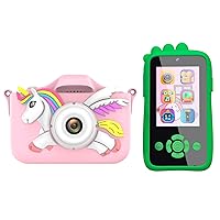 2 Pack Kids Camera Unicorn & Kids Smartphone Dinosaur, 64GB Card 1080P HD Selfie Digital Video Camera for Boys and Girls, Kids Camera Christmas and Birthday Gifts Toy for Age 3-8