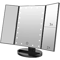 Tri-fold Lighted Vanity Makeup Mirror with 3x/2x/1x Magnification, 21Leds Light and Touch Screen,Portable LED Travel Makeup Mirror, Women Gift (Black)