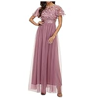 Women's Tulle Maxi Dress Short Sleeve Empire Waist Pleated Mesh Wedding Guest Prom Party Long Dresses Evening Gowns