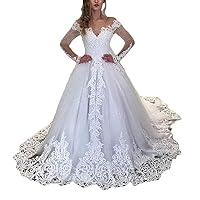 Melisa Women's V-Neck Long Sleeves Wedding Dresses for Bride with Train Lace Sequins Bridal Ball Gowns Plus Size