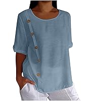 XUNRYAN Womens Linen Crewneck Casual Shirts 3/4 Sleeve Buttons Side Work Office Blouses Loose Fit Trendy Tunic Tops Fashion