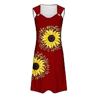 Dresses for Women 2024 Casual Sleeveless Summer T Shirts Dress Fashion Sunflower Round Neck Cutout Beach Sundresses