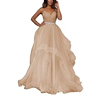 V Neck Tulle Prom Dresses Long Spaghetti Straps Ball Gown Tiered Glitter Formal Evening Dress Champagne Size 8