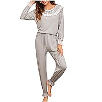 Cute Capelet Pajamas Sets for Women Mesh Trim Modal Sleepwear Outfits Long Sleeve Top and Pants 2Piece Loungewear