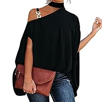 Women Blouse Party Elegant Batwing Sleeve Tops Casual T Shirt Loose Fit One Shoulder Tees Blouses Summer Tops Tunic Shirts Black M