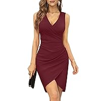Wedding Guest Dresses for Women Ruched Bodycon Party Summer Dress Solid Pencil Sleeveless Basic Club Mini Dresses