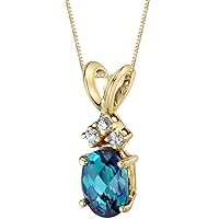 PEORA Created Alexandrite with Genuine Diamonds Pendant in 14 Karat Yellow Gold, Dainty Solitaire, Oval Shape, 7x5mm, 1 Carat total