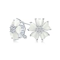 Romantic Mother of Pearl CZ Jade Gemstone Button-Style Heart-Shaped Petals Flower Clip-On Earrings or Pierced with Omega Clip for Women Gold & Silver Plated