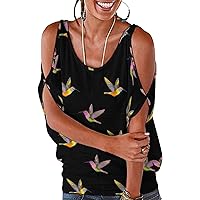 Hummingbird Embroidery Women Cold Shoulder Shirt Summer Short Sleeve Loose Fit Blouse O-Neck Tops Tunic