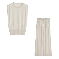 Women's Wool Cashmere Casual Set 2 Piece Outfits Crew Neck Sleeveless Tank & High Waist Wide Leg Long Pants with Pockets（Beige，S