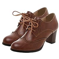 SHEMEE Women's Chunky High Heels Wingtip Oxfords Round Toe Lace Up Stacked Block Heel Vintage Brogues Pumps Shoes