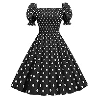 Teen Girls Puff Short Sleeve 1950s Party Dresses Polka Dot Retro Vintage Aline Hepburn Dress Flare Party Swing Dress