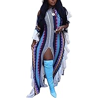 Womens Knit Sweater Maxi Dresses 2024 Ruffle Sleeve High Split Striped Color Block Loose Long Dress