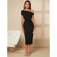 Dresses for Women - Asymmetrical Neck Ruched Bodycon Dress (Color : Black, Size : Medium)