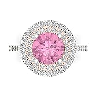 2.8ct Round Cut Double Halo Solitaire Pink Simulated Diamond designer Statement with accent Ring Solid 14k 2 tone Gold