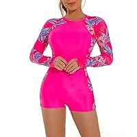 IMEKIS Women One Piece Rash Guard Long Sleeve Swimsuit UV Protection Floral Printed Swimwear Bathing Suit Surf Wetsuit