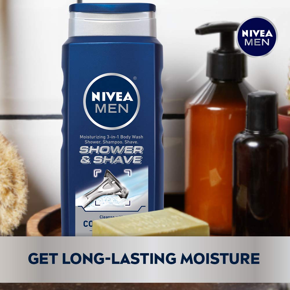 Nivea Men Shower & Shave Body Wash, Shower, Shave and Shampoo With Moisture, 16.9 fl. oz, Pack of 3