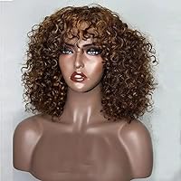 180% Density Highlight #4/27 Curly Bob Wig with Bangs Fringe Human Hair Short Curly Wig for Women Glueless Blonde Brown Color 13X4 HD Lace Wig 12Inch