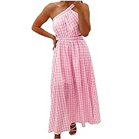 Women's One Shoulder Plaid Beach Dress Summer Sleeveless Cut Out High Waist A-Line Dresses Flowy Casual Maxi Dress