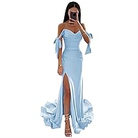 Dress Off The Shoulder Mermaid Prom Dresses with Slit Long Ruched Bridesmaid Dress Satin Formal Evening Gowns