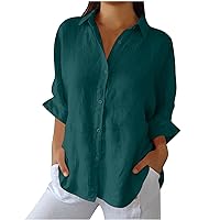 Sales Today Clearance Prime Womens Button Down Cotton Linen Shirt Plus Size 3/4 Sleeve Blouse Loose Fit Casual V-Neck Tops Back Slit Tie Knot Shirts Army Green