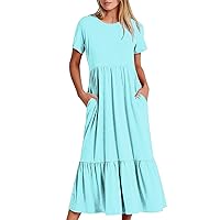 Womens Casual Summer Dresses Short Sleeve Crewneck Swing Dress Flowy Tiered Maxi Beach Dress Loose Long Dress with Pockets