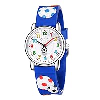 Boys Watch – Pretty and Cute Kids Wristwatch with Teaching Analog Display Time Teacher - Japanese Quartz - Blue Soccer
