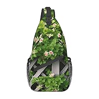 Spring Floral Green Leaf Fence Print Sling Bag Shoulder Sling Backpack Travel Hiking Chest Bag For Men Women