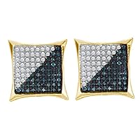 The Diamond Deal 10kt Yellow Gold Mens Round Blue Color Enhanced Diamond Square Kite Cluster Earrings 1/10 Cttw