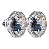 The Diamond Deal Sterling Silver Mens Round Blue Yellow Color Enhanced Diamond Circle Stud Earrings 3/4 Cttw