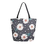 ALAZA Daisy Chamomile Flower Polka Dot Large Canvas Tote Bag Shopping Shoulder Handbag with Small Zippered Pocket