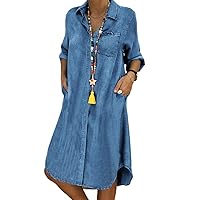 Women's Denim Shirt Dress Button Down Blue Tunic Blouse Long Sleeve Jeans Dress with Pocket