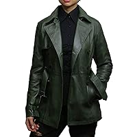Womens Genuine Leather Biker Jacket Coat (Olive, XXL)
