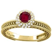 14K White Gold Enhanced Genuine Ruby & Diamond Engagement Ring Round 5 mm, Sizes 5-10