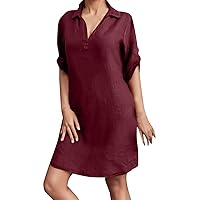 Women's Summer Midi Dress V Neck Cap Sleeve A-Line Solid Dresses Beach Vocation Loose Fit Sundress with Pockets Holiday Collar Button Down Half Sleeve Dresses