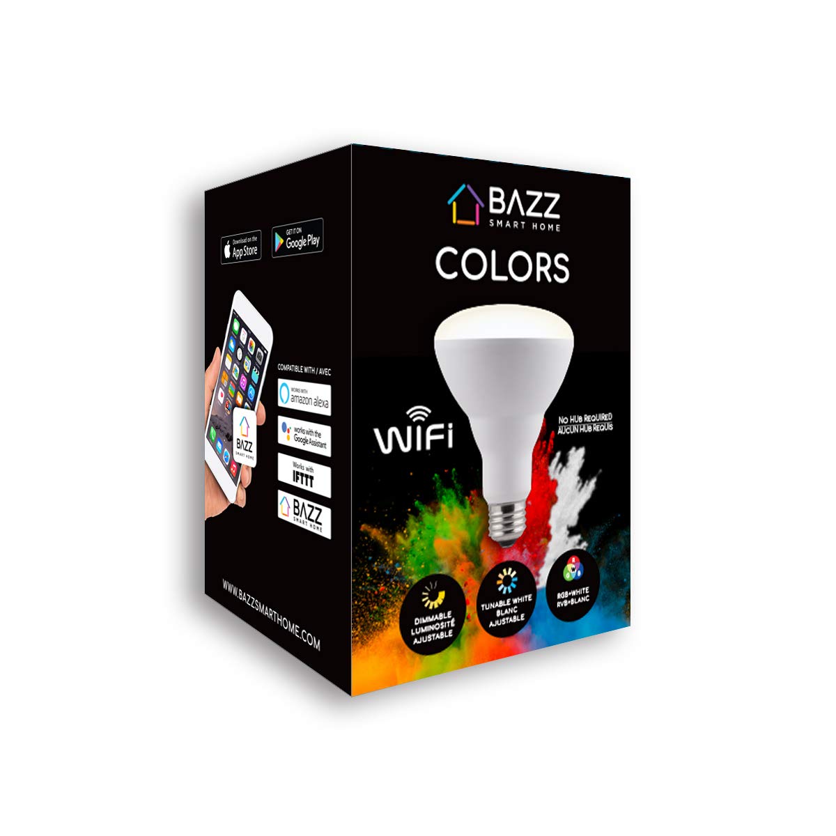 BAZZ BR30RGBTNWWF Smart Wi-Fi LED RGB BR30 10W Bulb, Dimmable, Energy Star, Color Change, Outdoor, Alexa and Google Home Compatible, Matte White