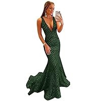 UZN Deep V Neck Sequin Prom Dresses Mermaid Long for Women Backless Formal Party Evening Gowns