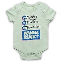 Unisex-Babys' 80 Minutes 15 Positions No Protection Wanna Ruck Funny Rugby Slogan Baby Grow