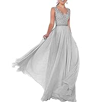 Women's V Neck Lace Prom Dresses Long Chiffon Formal Evening Party Gowns