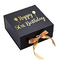 WRAPAHOLIC 1 Pcs 8x8x4 Inches Gold Foil Happy 50th Birthday Lettering and Balloon Gift Box with Satin Ribbon, Collapsible Gift Box with Magnetic Closure and 2 Pcs White Tissue Paper