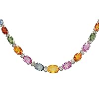 34.11 Carat Natural Multicolor Ceylon Sapphire, Diamond (F-G Color, VS1-VS2 Clarity) 14K White Gold Luxury Tennis Necklace for Women Exclusively Handcrafted in USA