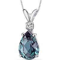 PEORA 14K White Gold Created Alexandrite with Genuine Diamond Pendant for Women, Color-Changing Teardrop Solitaire, 2.55 Carats Pear Shape 10x7mm