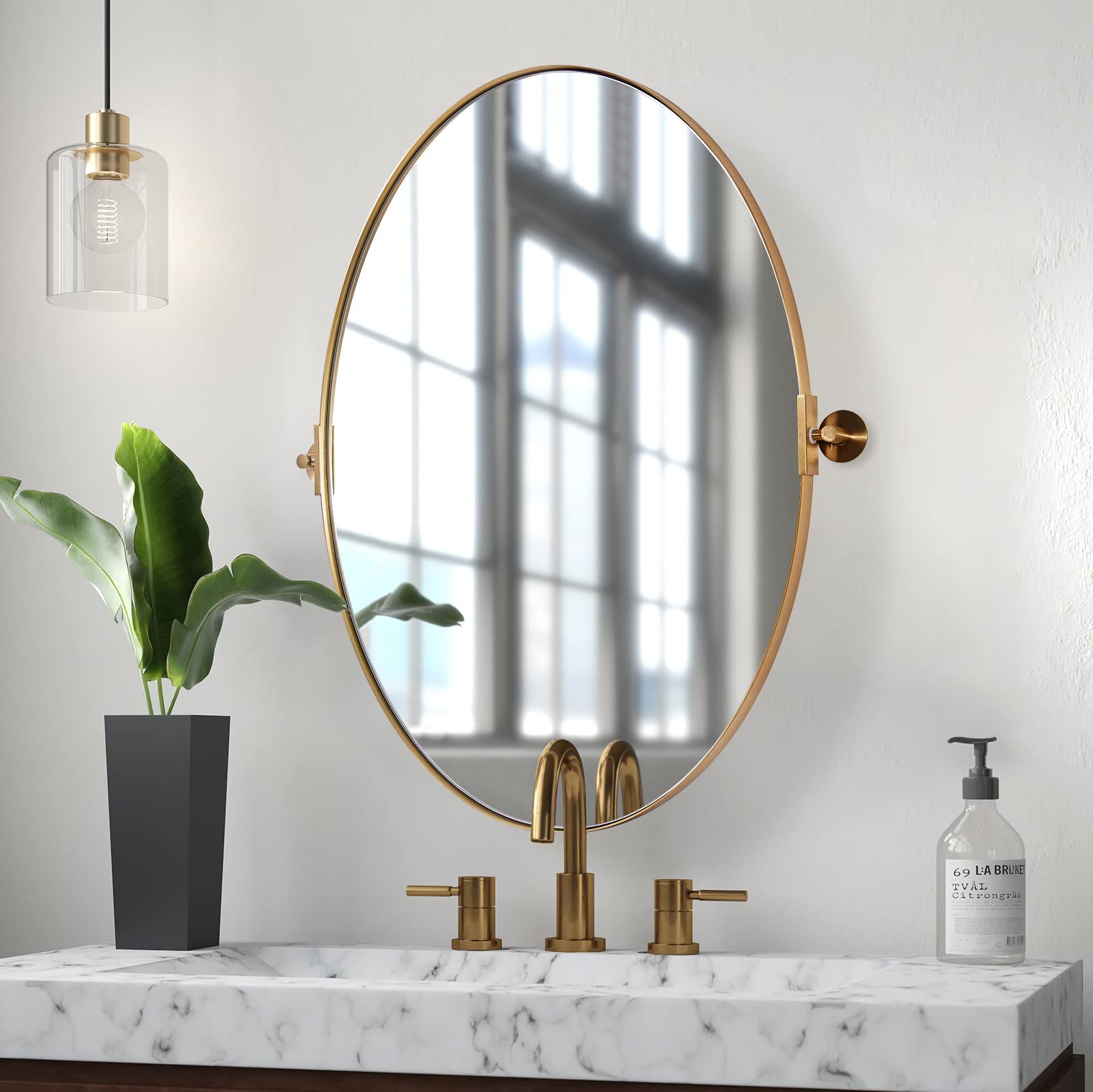 ANDY STAR Gold Mirror, 20x30 Oval Pivot Bathroom Mirror, Brushed Gold Oval Bathroom Wall Mirror, Stainless Steel Metal Frame Tilting Vanity Wall Mi...