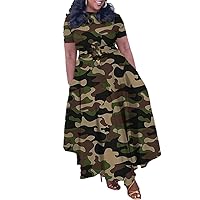 Plus Size 3/4 Sleeve Camo Dress for Women African Print Camouflage A-line Dress Flowy Long Maxi Dress with Belt