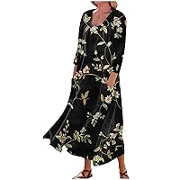 Dresses for Women 2024 Printed 3/4 Sleeve Dress with Pocket Trendy Casual Beach Dress Vacation Lightweight Sun Dress