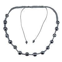 Silvesto India Beautiful- Round Beaded Black Hematite Adjustable Necklace with Grey Cord