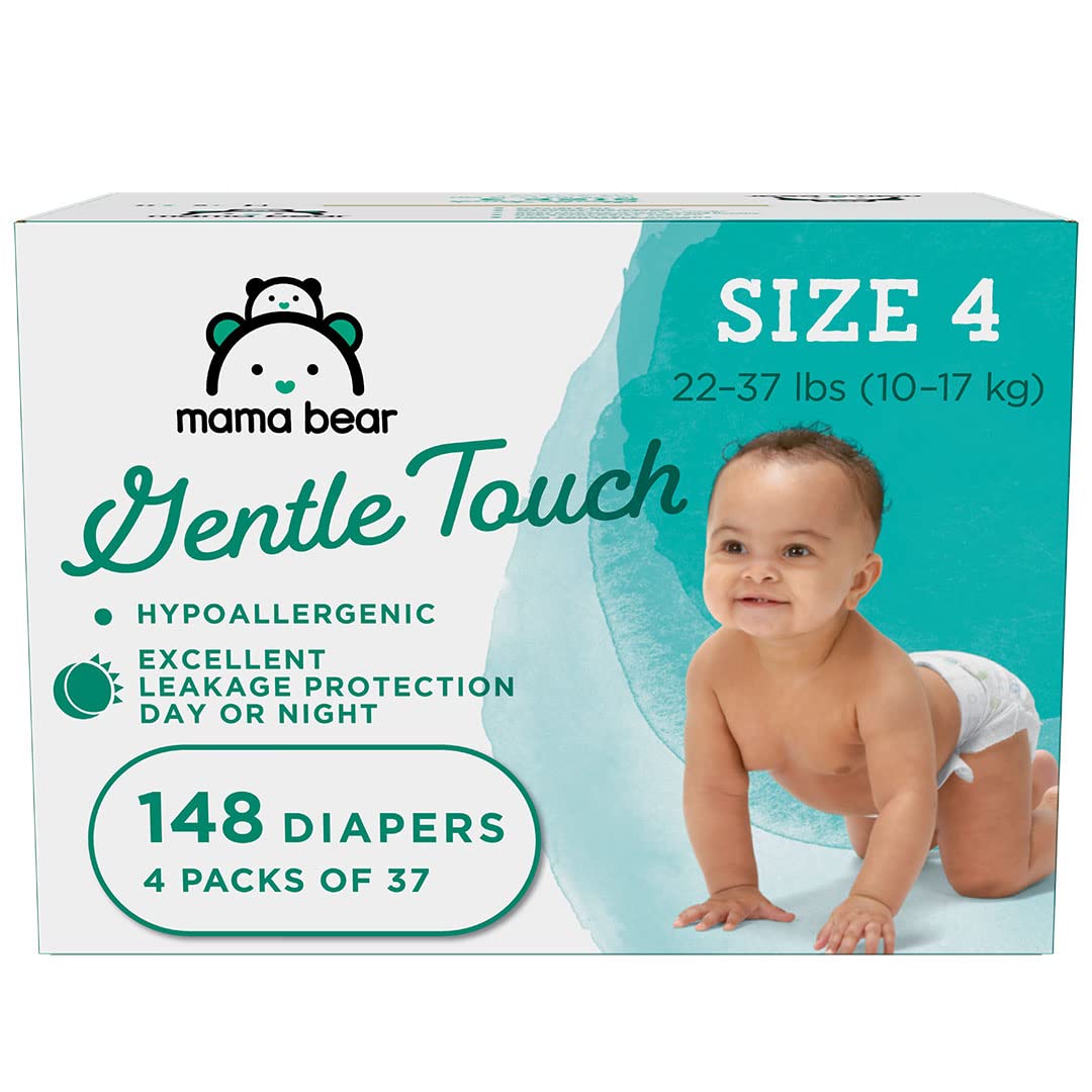 Amazon Brand - Mama Bear Gentle Touch Diapers, Hypoallergenic, Size 4, White, 148 Count (4 packs of 37)